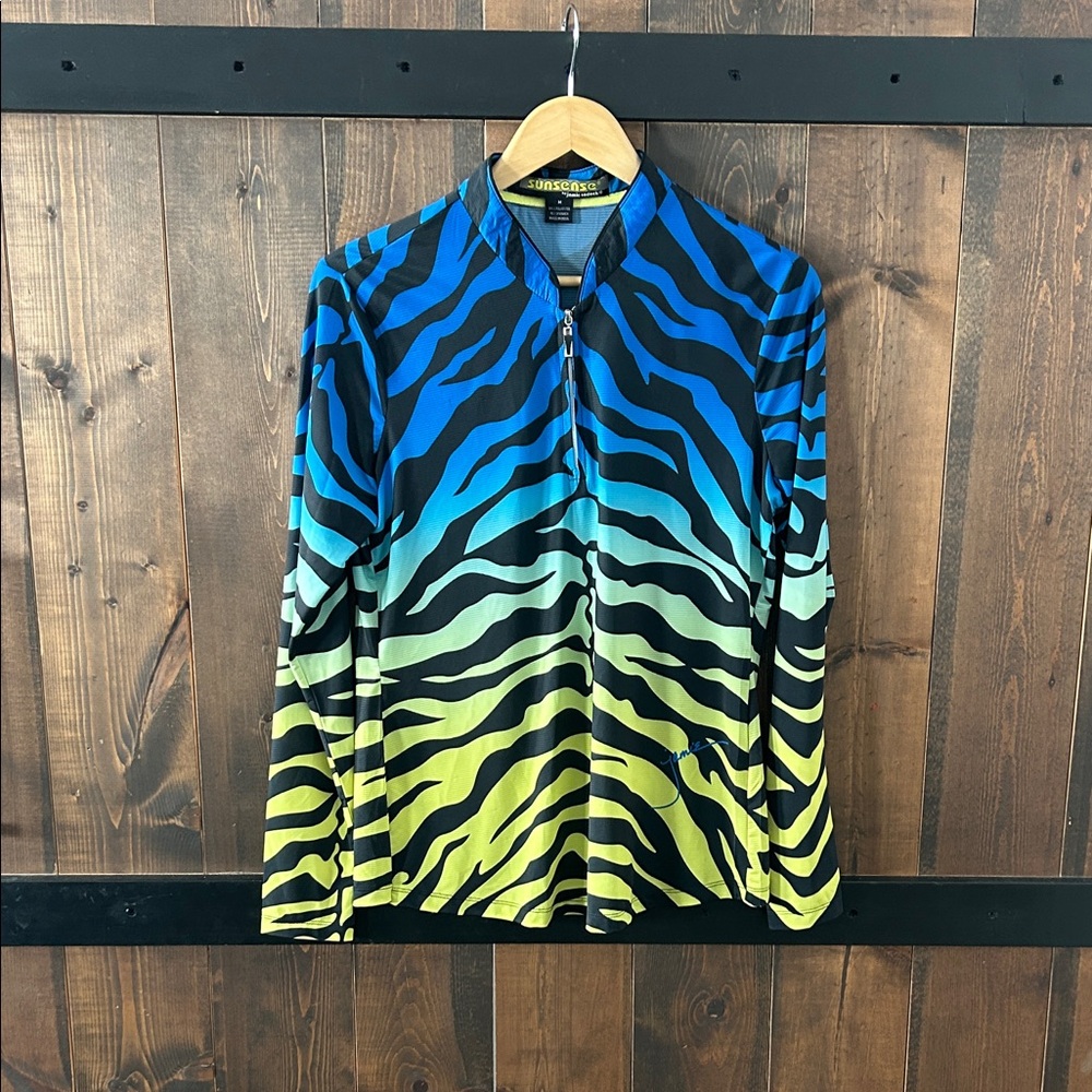 Sunsense by Jamie Sadock Blue Ombré Zebra Print UPF  Sleeve Top Women’s Size M